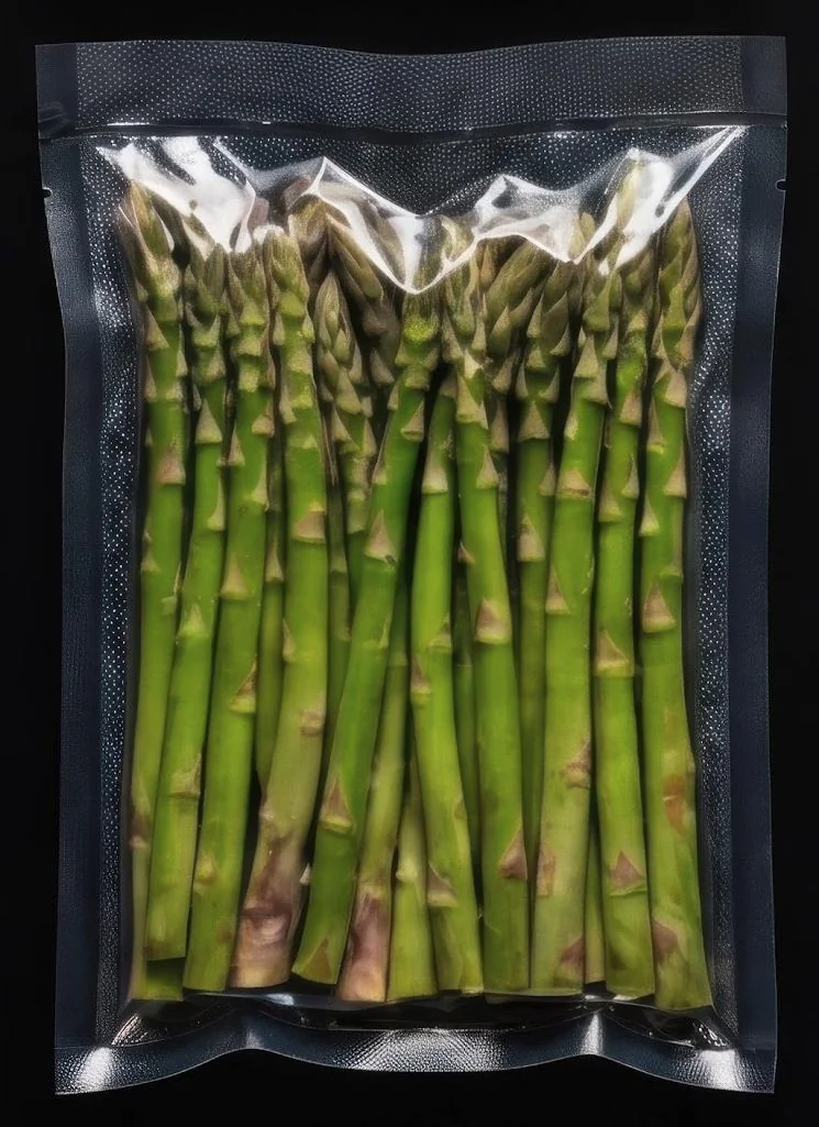 Green asparagus spears in a clear vacuum pack