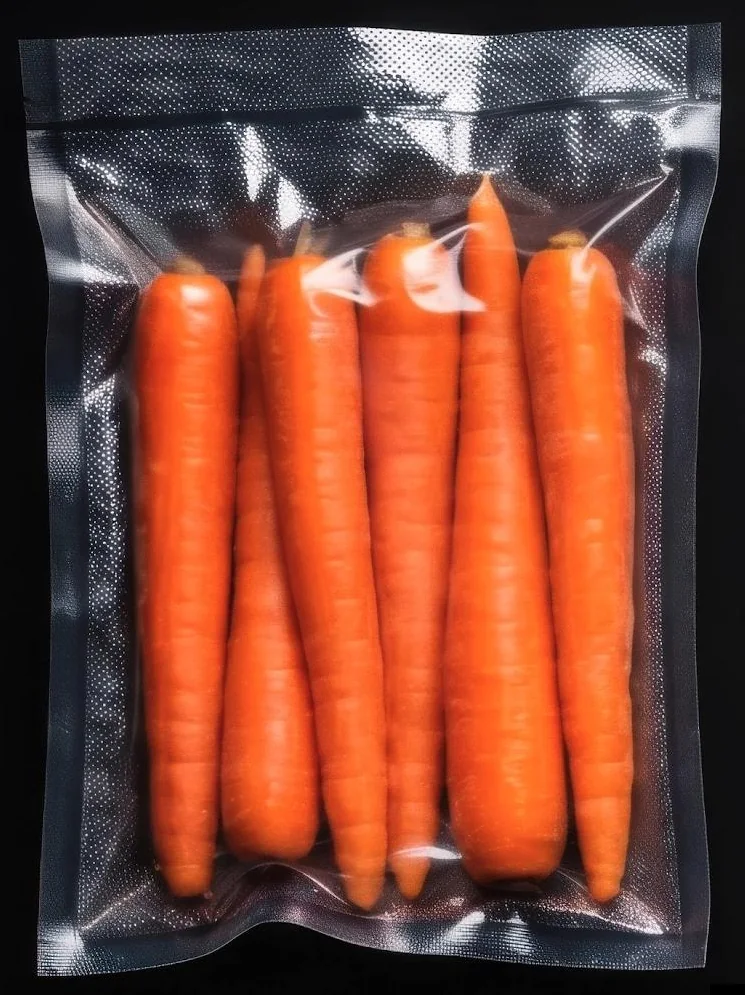 Whole carrots in a clear vacuum pack