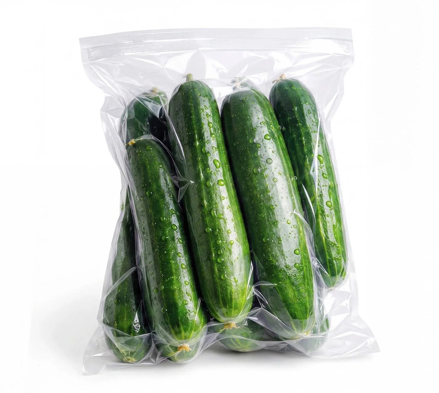 Whole cucumbers with water droplets in a clear plastic bag