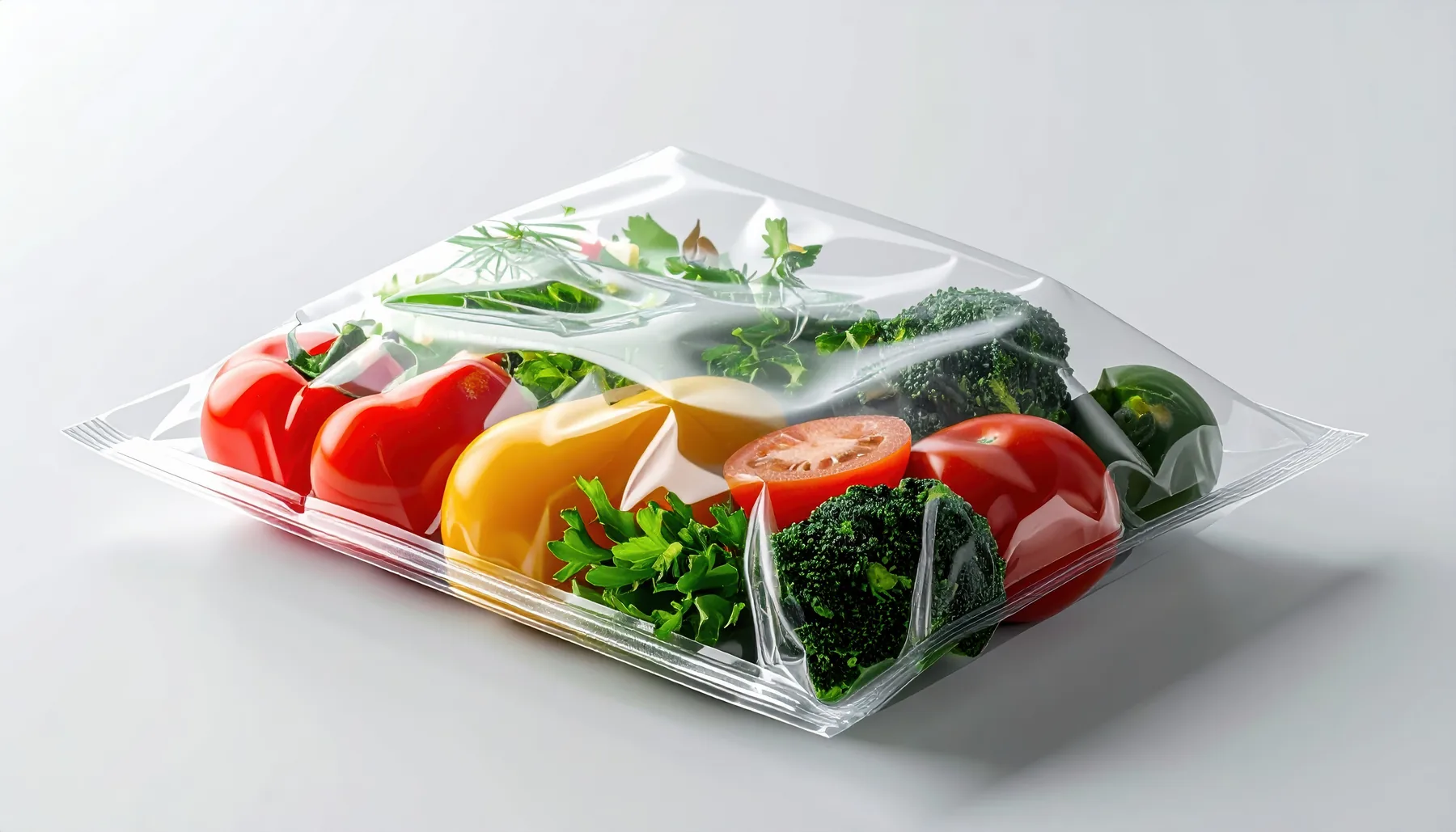 Tomatoes, peppers, broccoli and herbs vacuum-sealed in a clear retail pack